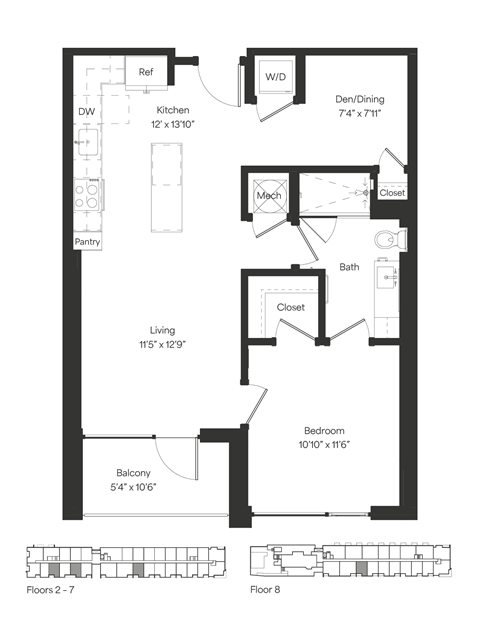 Floor plan for 1 bed, 1 bath, 739 sqft
